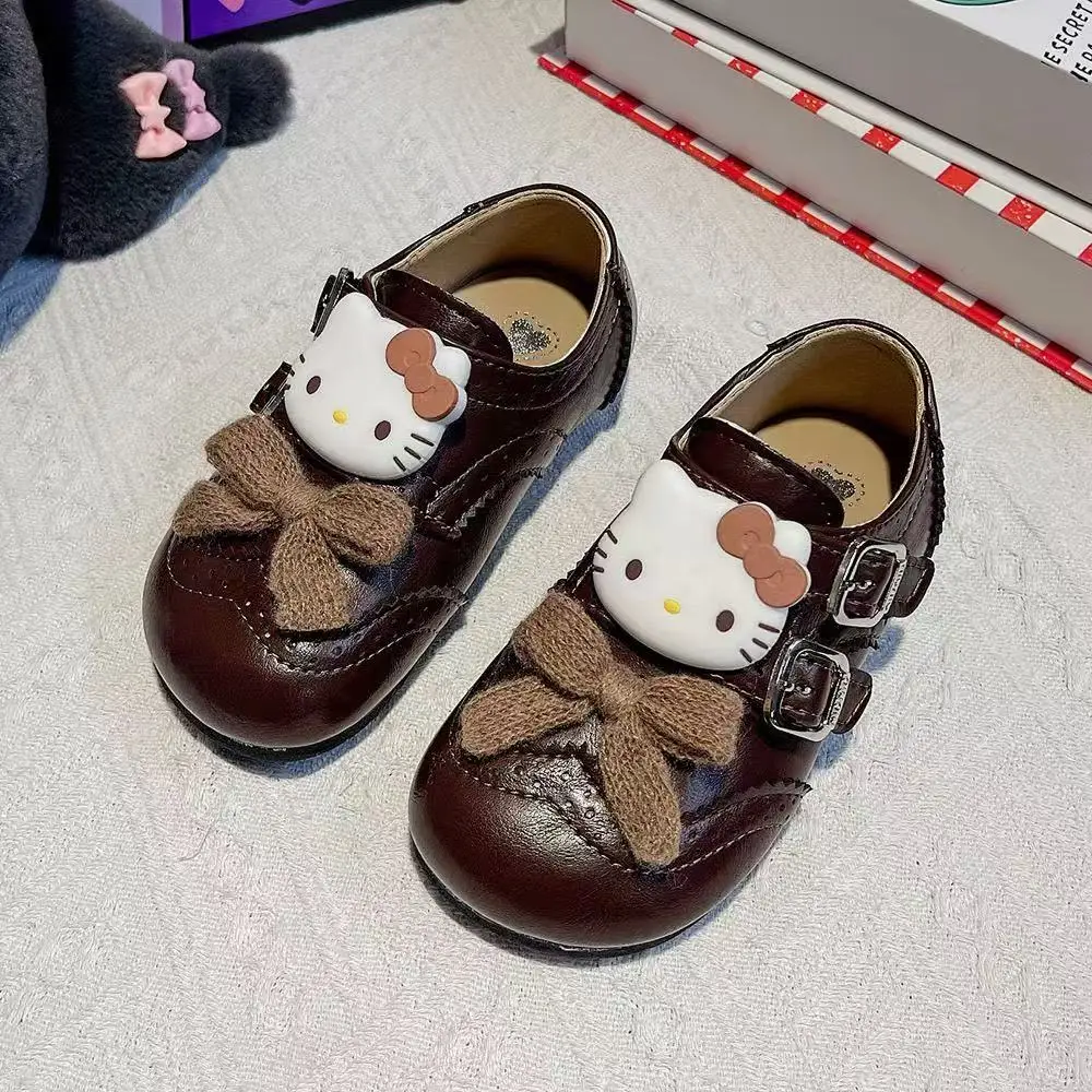 r ‌ 실제 사진 2025 신상 편안한 헬로키티 쿠로미 만화 리본 패션 여자아이 어린이 캐주얼 플랫 가죽 신발