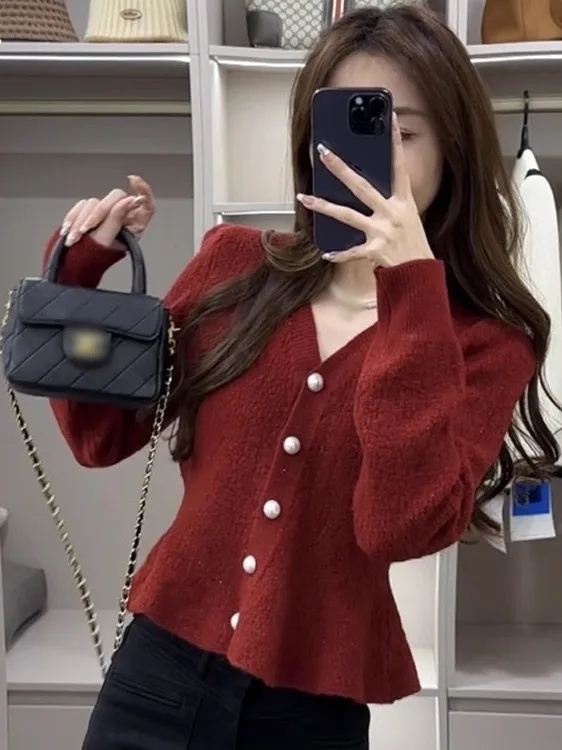 

Red V-ne ort Knitted Sweater Women's Base Layer Pearl Button Fi Tail Waist Cinched Top Commute Sle Autumn Spring Knit...