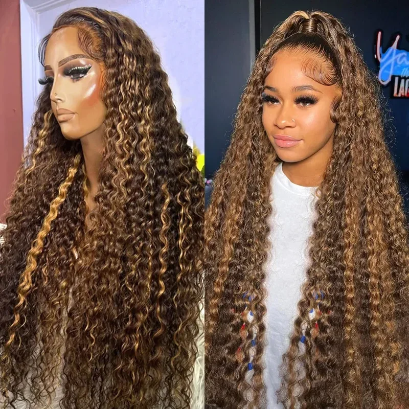 

38 Inch Highlight Honey Brown Lace Front Human Hair Wigs Deep Wave 13x4 13x6 Remy Ombre Colored Curly Lace Frontal Wig For Women