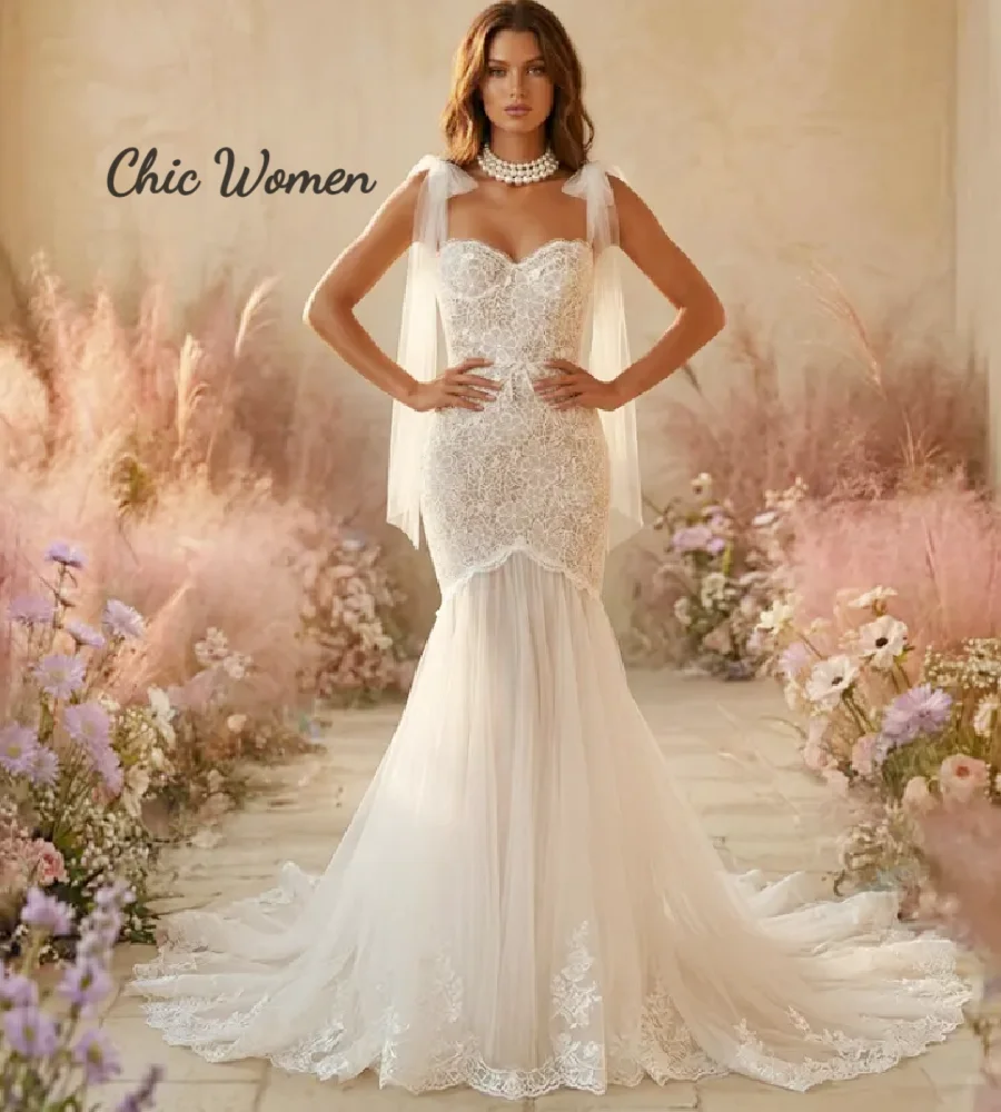 Elegant Bohemian Mermaid Wedding Dress With Straps Charming Appliques Lace Boho Bridal Gowns 2026 Sweetheart Tulle Civil Bodas