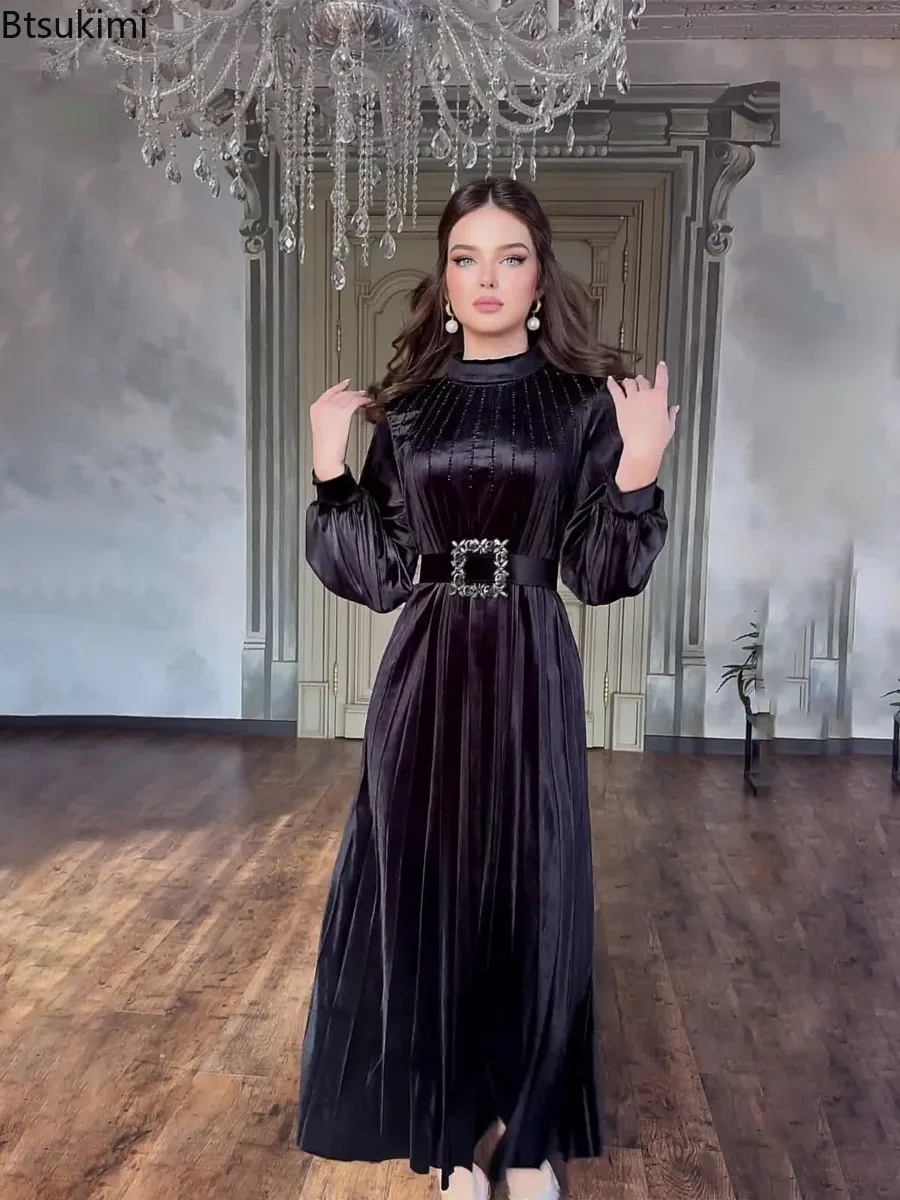 

Spring New Women's Fashion Pleated Long Dress Half High Collar Lantern Sleeve Elegant Dress with Belt Ladies Slim Party Vestidos