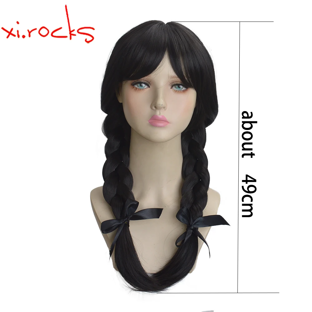 3622L Xi.Rocks Addams Wednesday Long Black Braids Hair Cosplay Heat Resistant Synthetic Wig Halloween Party Role Play