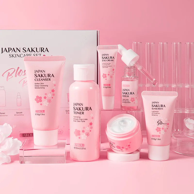 5/6 sztuk Sakura zestawy do pielęgnacji skóry krem ​​do twarzy Serum tonik do demakijażu krem ​​do ochrony przeciwsłonecznej krem ​​pod oczy produkty do pielęgnacji skóry twarzy