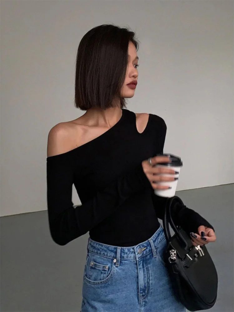 Fashion Skew Collar Off-shoulder Long-sleeved T-shirts Women Spring 2023 New Solid Slim Fit Crop Top Sexy Hollow Out Tees Shirts