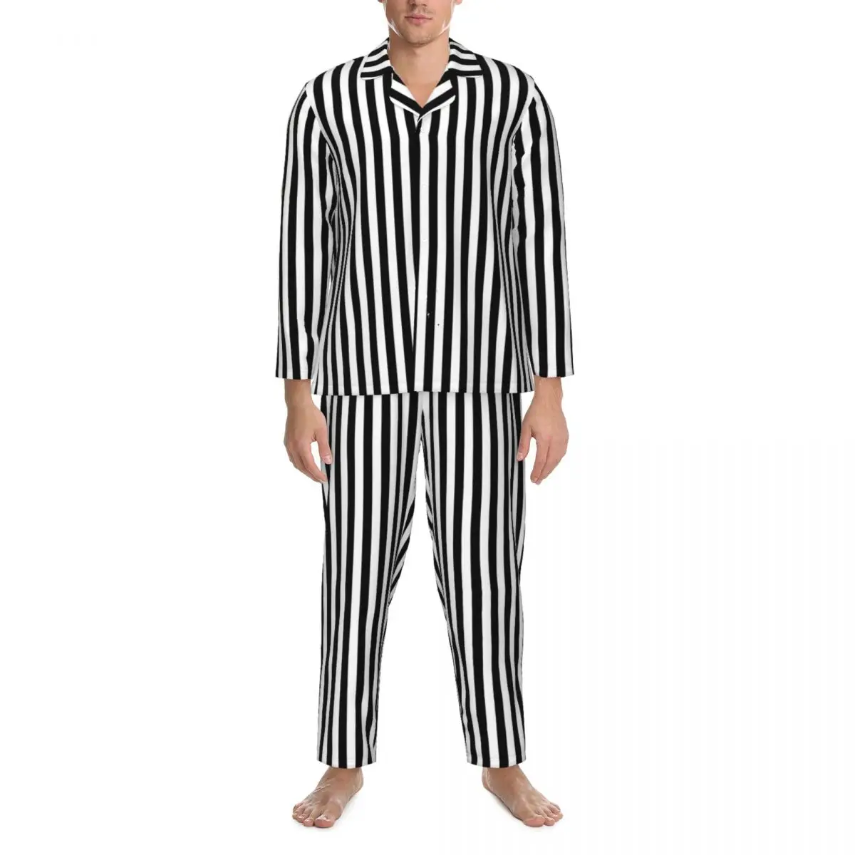 Black White Striped Sleepwear Spring Vertical Lines Print Casual Oversized Pajamas Set Man Long Sleeve Fashion Home Home Suit