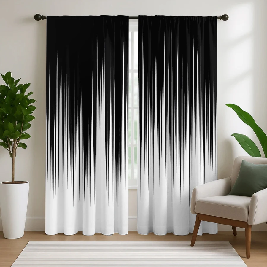 2PCS Black and White Striped Gradient Printed Curtains, Thin Design, Pole Bag Design, Suitable for Bedrooms and Living Rooms