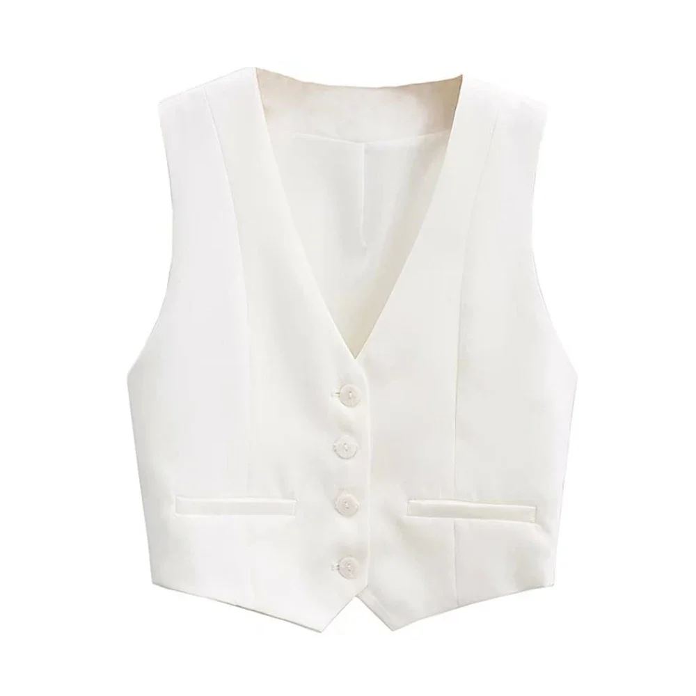 

2024 New Women Fashion Front Buttons Cropped Waistcoat Vintage V Neck Sleeveless Female Outerwear Chic Tops