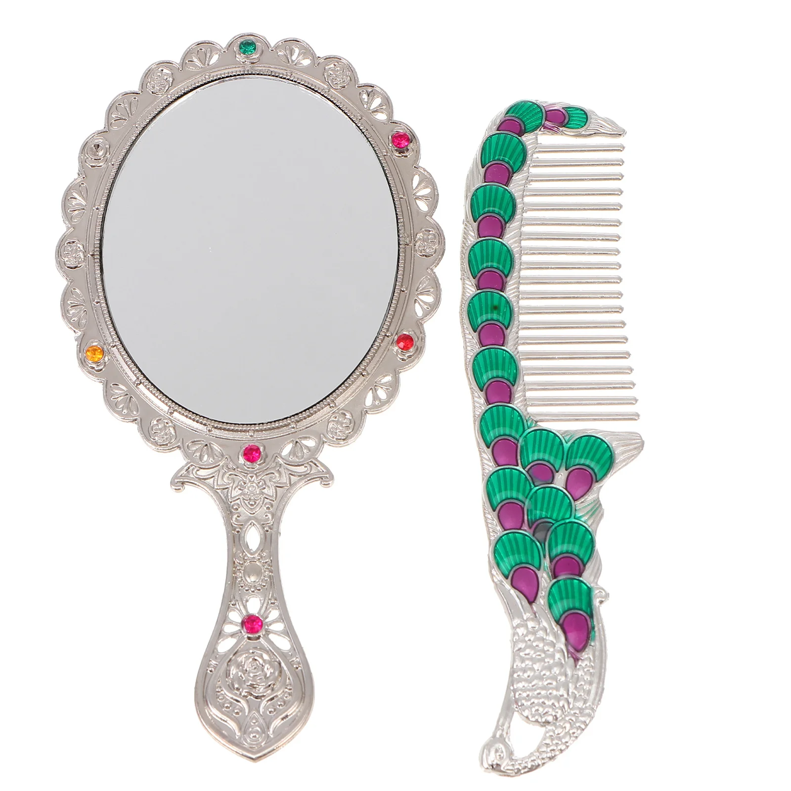 

1Set Retro Peacock Mirror Comb Set Premium Foldable Handheld Makeup Vanity for Women Girls Portable Mini Travel