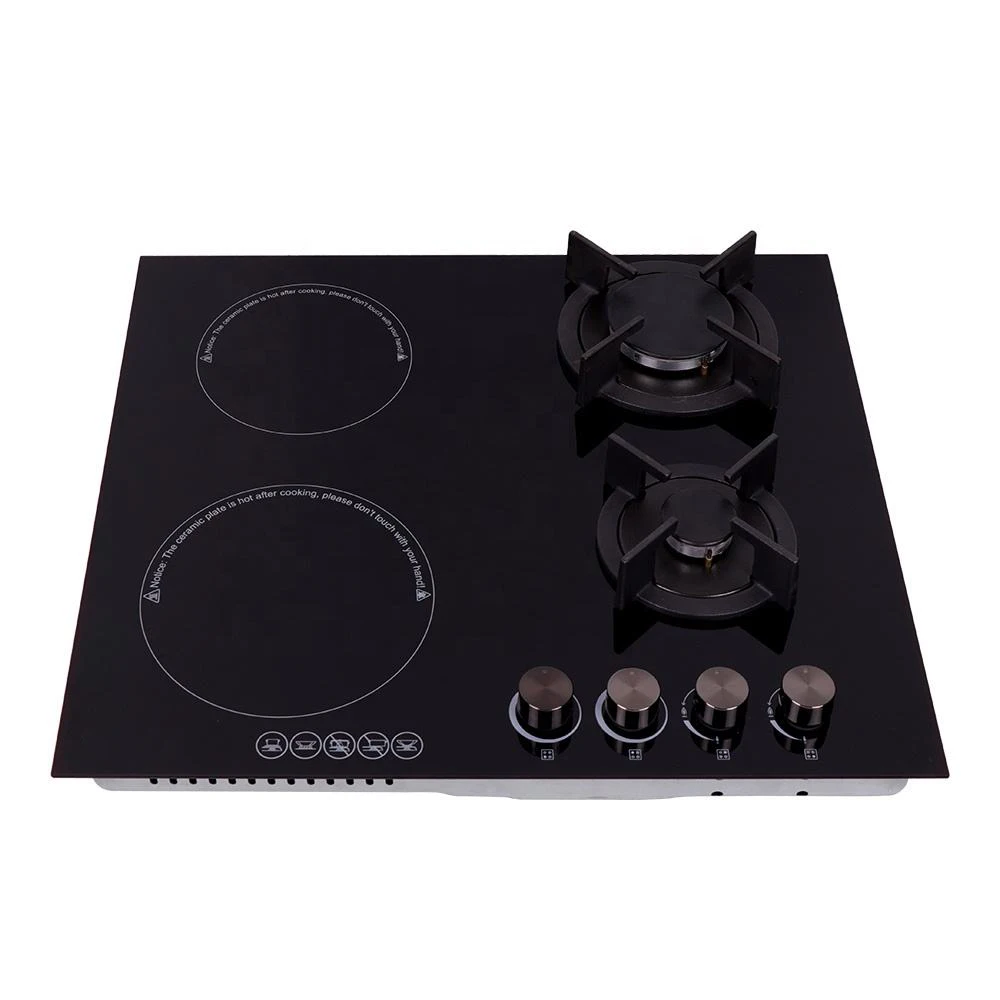 Manufacturer Built-In Gas and Induction Cooktop with 2 Gas & 2 Electric Burners Hob Black Glass Panel