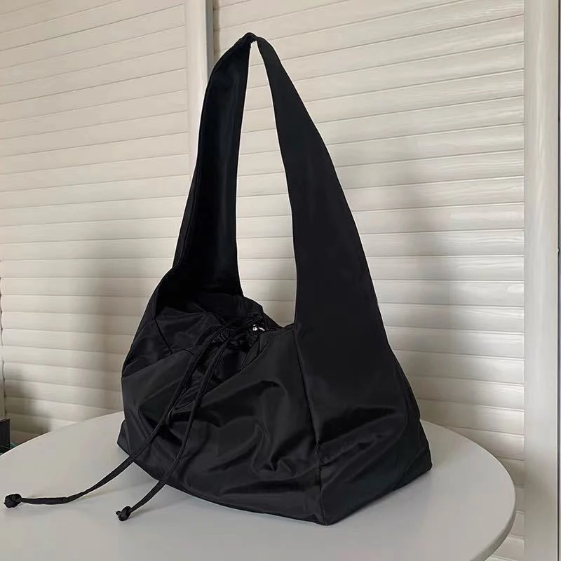 Women Bag Simple Nylon Bucket Fashion Solid Color Elastic Cord Shoulder Bag Purses Handbags Light Luxury Black Tote Bags