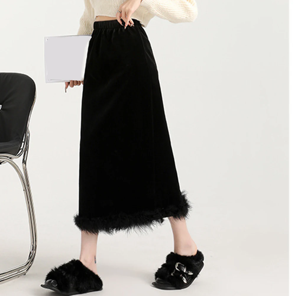 

Club Wear Feather Velvet Skirt Elegant Slit Skirt Casual Vacation Wear For Women Holiday Attire Brand New Condition