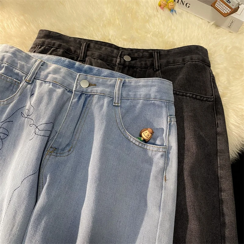 High Street Men's Straight-leg Jeans Embroidery Graphic Vintage Denim Pants Loose Fashion Hip Hop Male Trousers