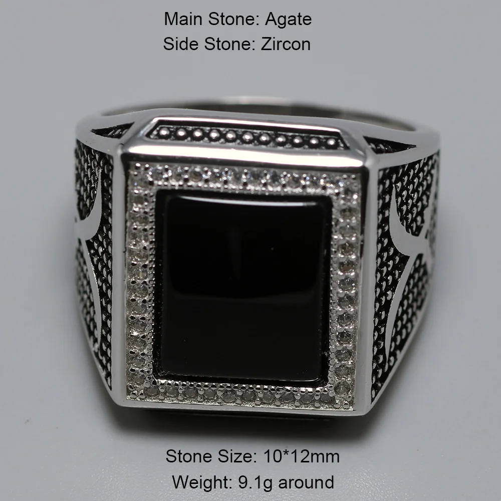 Real Solid 925 Sterling Silver Rings for Man with Stones Black Natural Onyx Micro Paved Cubic Zircon Cross Broadsword Pattern