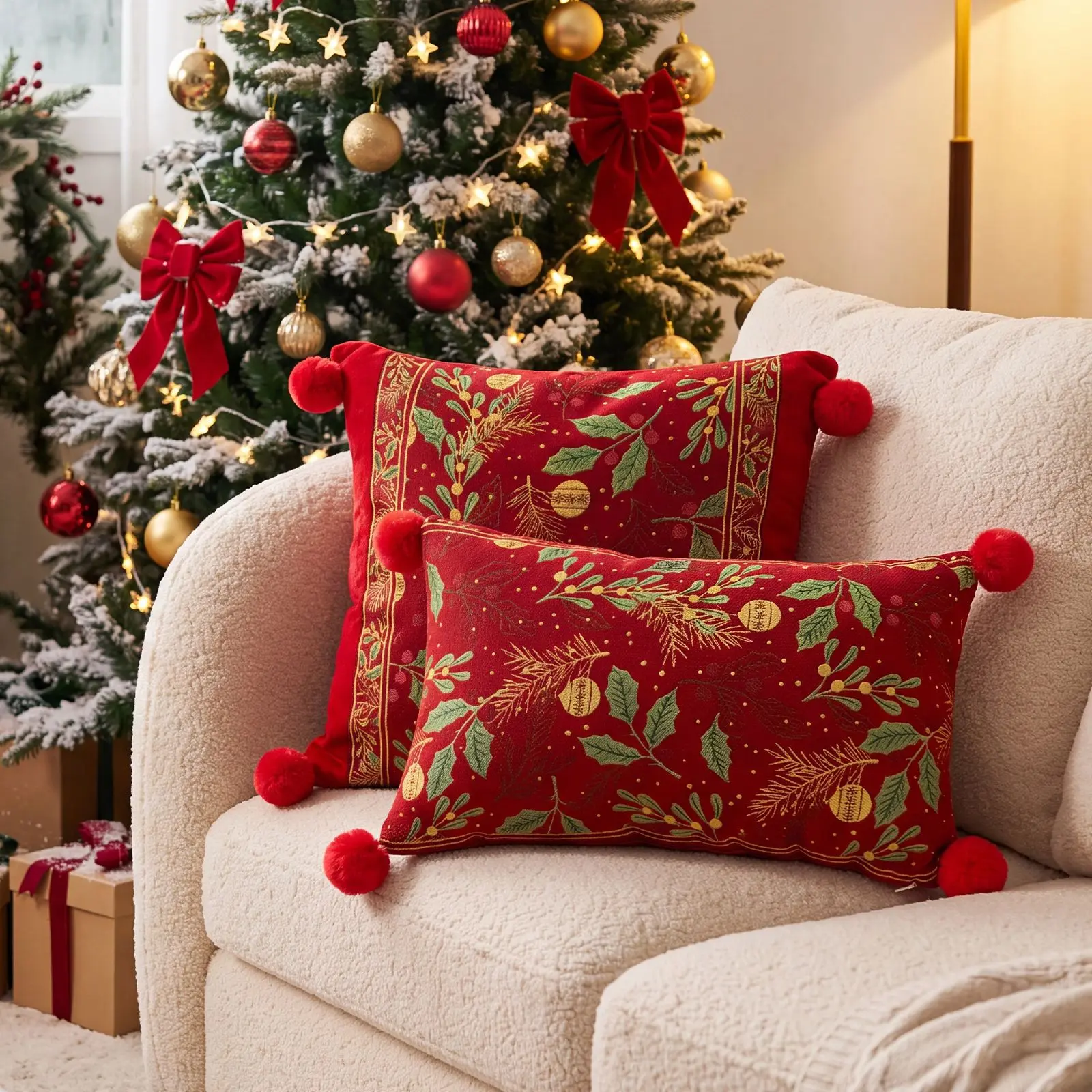 Weihnachtsroter Jacquard-Kissenbezug mit Cartoon-Elch- und Schneeflocken-Motiv, Plüsch-Sofadekoration, Kissenbezüge 45x45cm – Detail 14