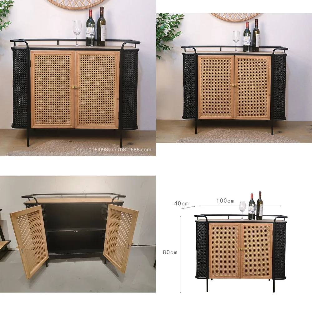 Nordic Retro Solid Wood Iron Dining Side Cabinet for Home Office Living Room Double Door Wrought Iron Rattan Storage Double