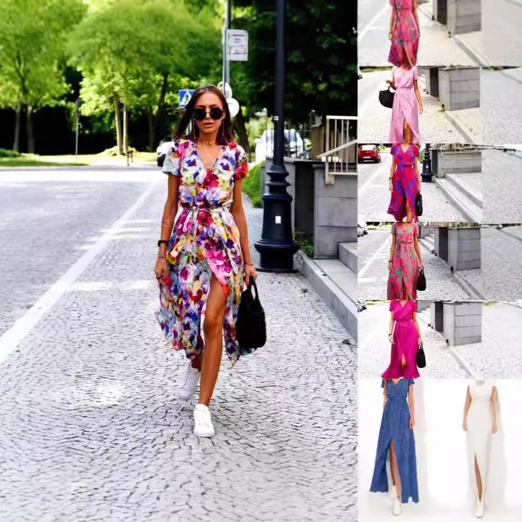 

Платье с принтом, женские повседневные длинные платья, сексуальное кружевное платье с v-образным вырезом и коротким рукавом, женское платье макси, лето 2023 г.