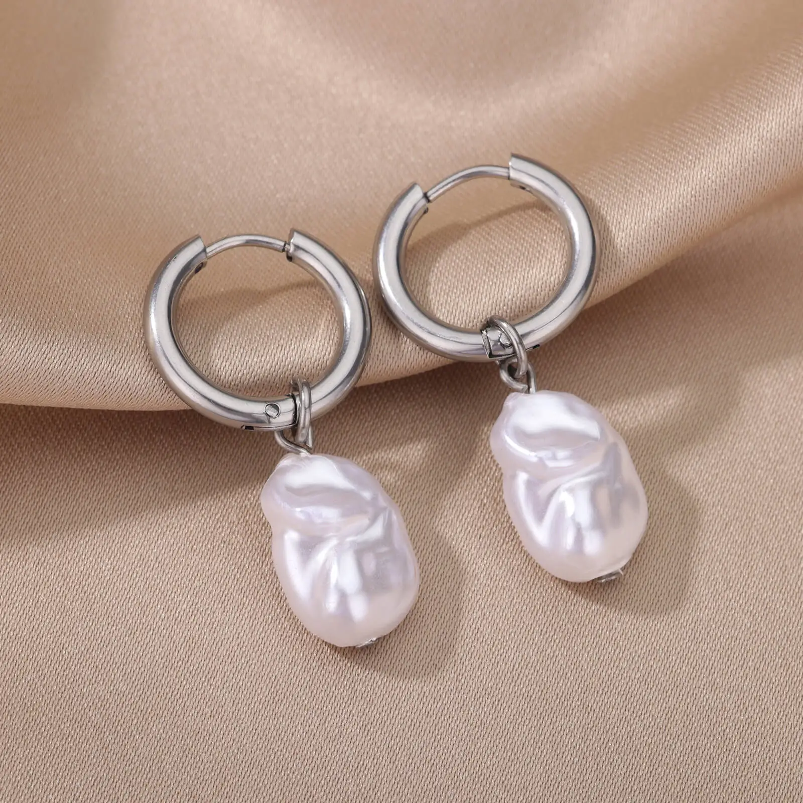 Baroque Pearl Earrings For Women Stainless Steel Water Droplet Silver Color Ring Drop Earring Wedding Party Jewelry Bijoux Femme