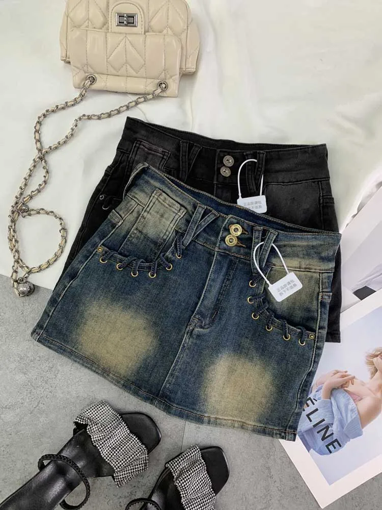 Korean vintage denim short skirt spring slim and versatile stretch high waisted skirt strap wrapped hip design short skirt