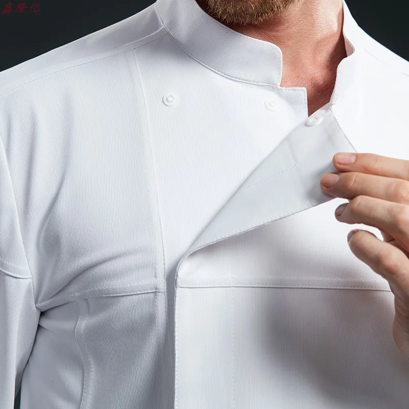 Hotel chef's stand-up collar work uniform, long-sleeved white top for western restaurant and catering, stylish workwear for men