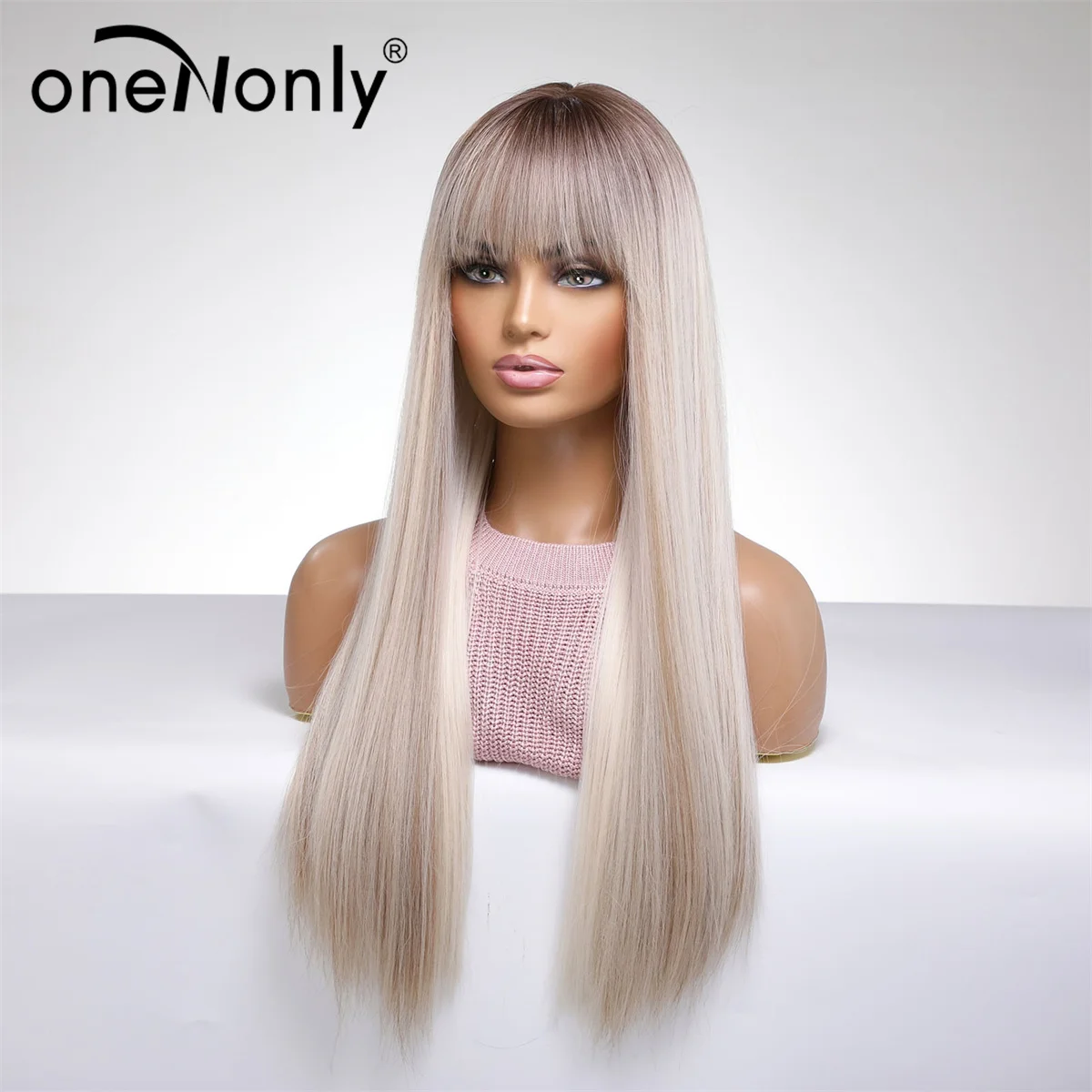 oneNonly Long Blonde Wig for Women Natural Wig with Bangs Synthetic Wigs High Quality Women Party Straight Hair