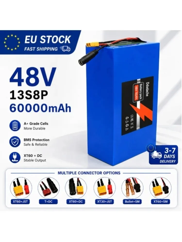 48V 60Ah 13S8P Lithium-Akkupack 18650 Wiederaufladbarer Li-Ionen-Akku mit Smart BMS XT60 DC-Anschluss EU-Lager Schneller Versand für E-Bike Elektroroller Solarenergiespeicher Wohnmobil Camping