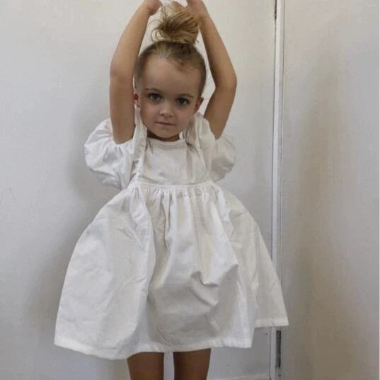 2026 Spring Summer New Children Clothing Girls White Cotton and Hemp Dress Bubble Sleeve Princess Dress