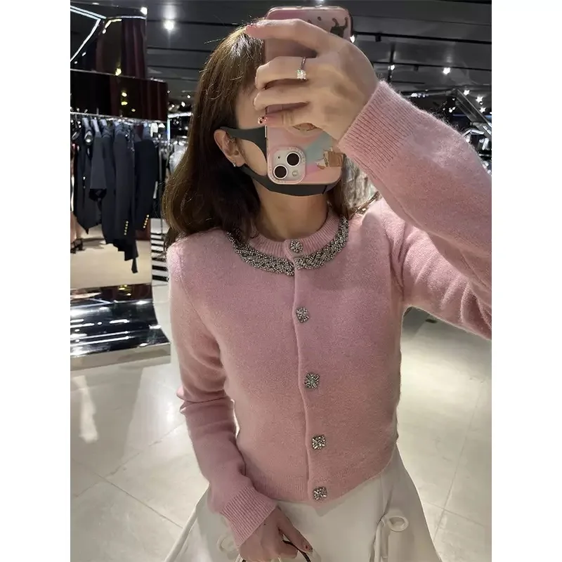 Pink diamonds long-sleeved knitted cardigan temperament Slim short section women\'s knitted tops 2024 Autumn new