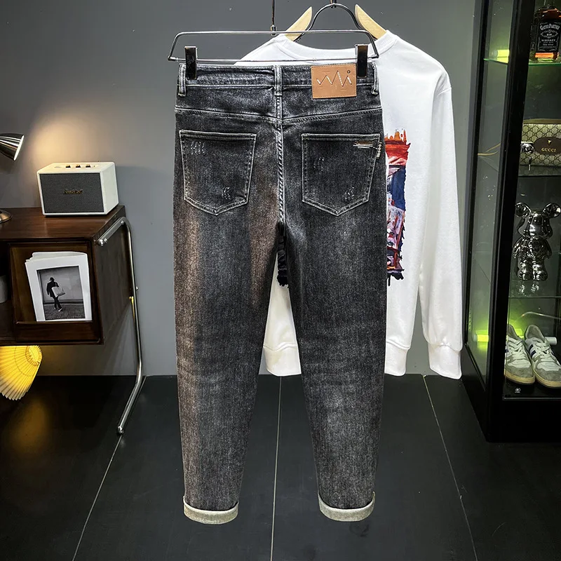 Autumn and winter black gray jeans men 2024 new fashion holes denim casual Stretch Slim Fit Ankle tight trousers