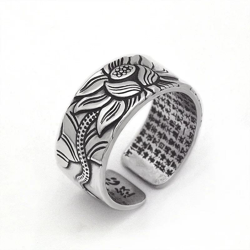 Creative 925 Thai Silver Lotus Flower Heart Sutra Ring for Women and Men Exquisite Vintage Portrayal Charming Jewelry opening