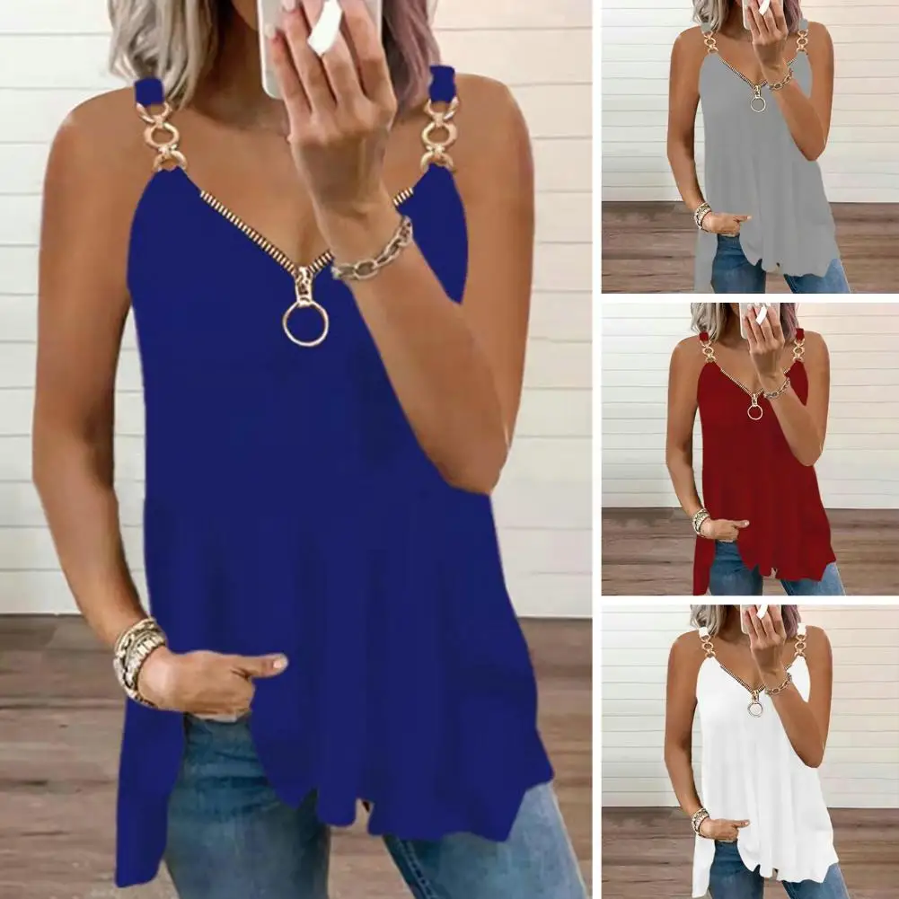 Women Summer Casual Blouse Sleeveless Sling Top Chain Shoulder Straps Loose Backless Milk Silk Solid Color Vest Top Streetwear