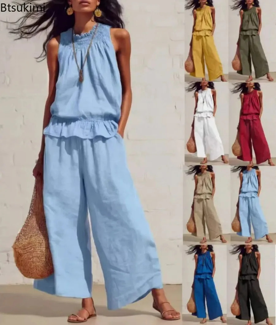 

Women's Spring Summer Retro Ruffled Cotton Linen Trousers 2-piece Set Casual Loose Pocket Wide-leg Trousers Female Vest Suit New