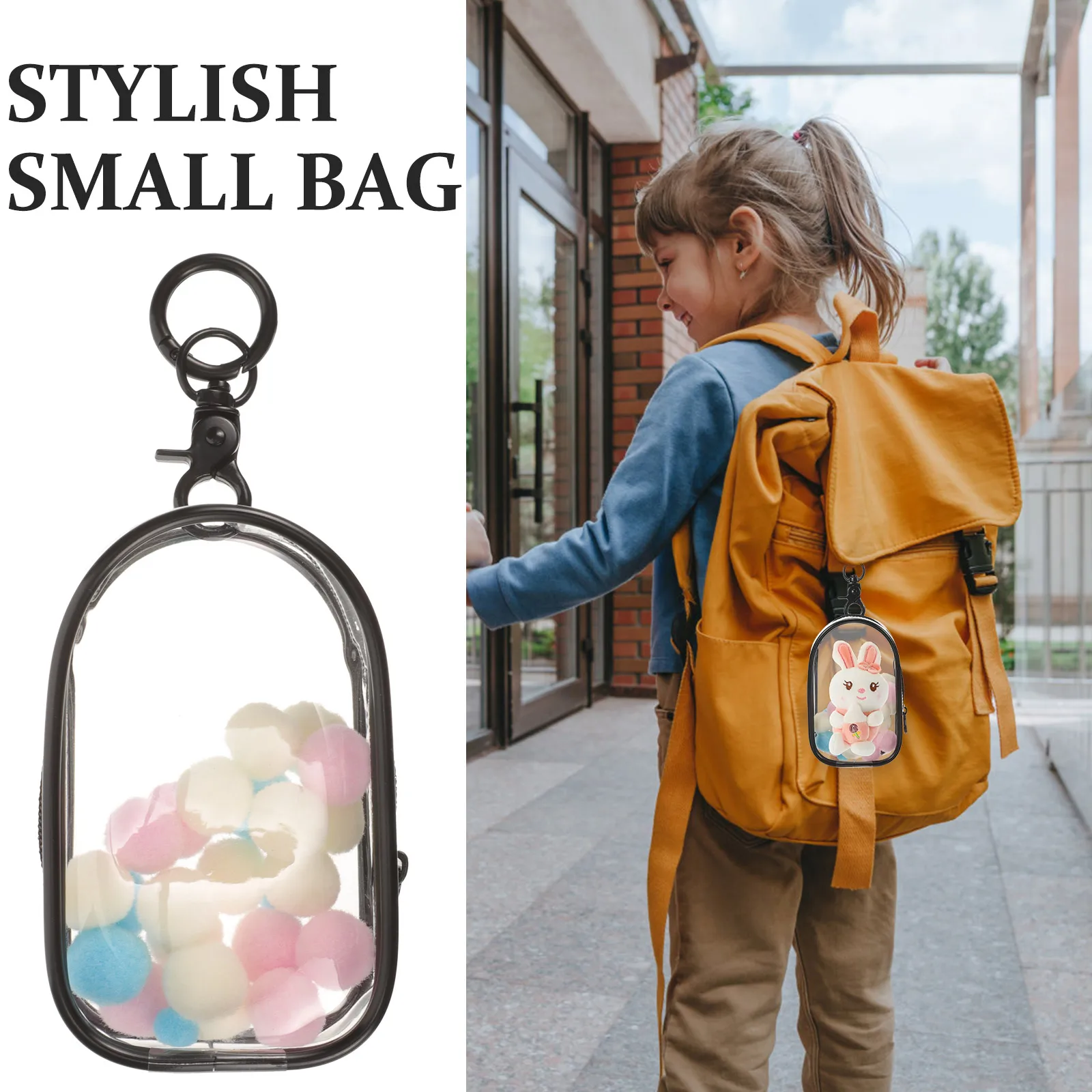 

1 set Baby Bag Black Mini Transparent Storage Purse Travel Figure Display Portable Clear Zipper Bag Hook