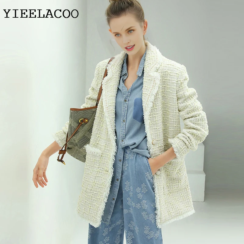 معطف نسائي باللون البيج معطف تنحيف عطري من التويد معطف جديد للربيع والخريف مناسب تمامًا قطعة واحدة