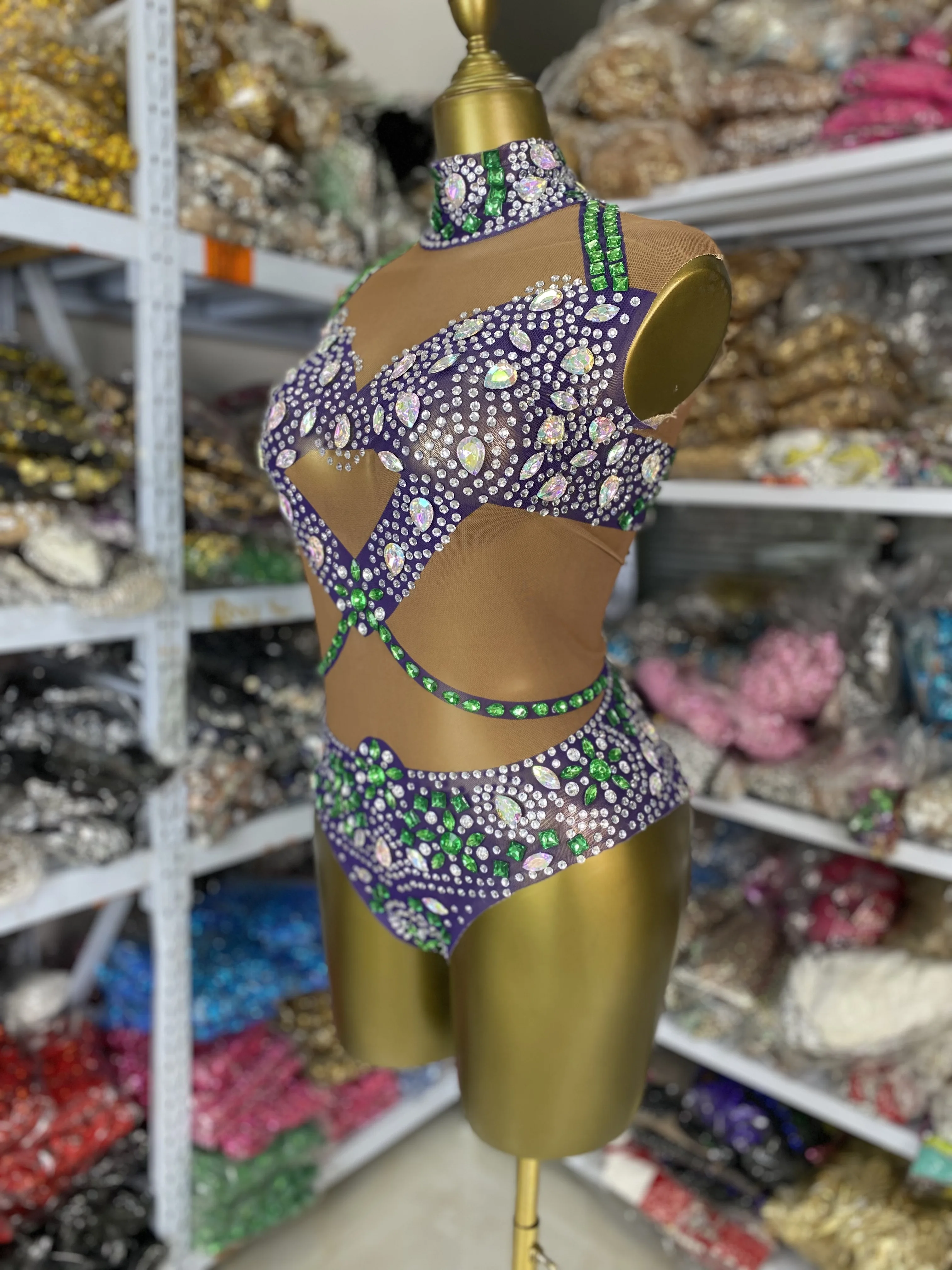 

Brown Mesh Colorful Printed Rhinestones Leotard Evening Club Nightbar Performance Costumes Ballroom Dresses Competition Dropship