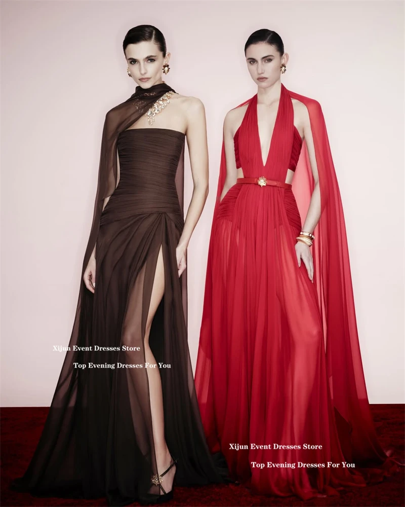 Xijun Elegant Brown Chiffon Evening Dresses Pleated Shawl A-Line Prom Dresses Slit Sleeveless Formal Prom Gowns 2026  Customized