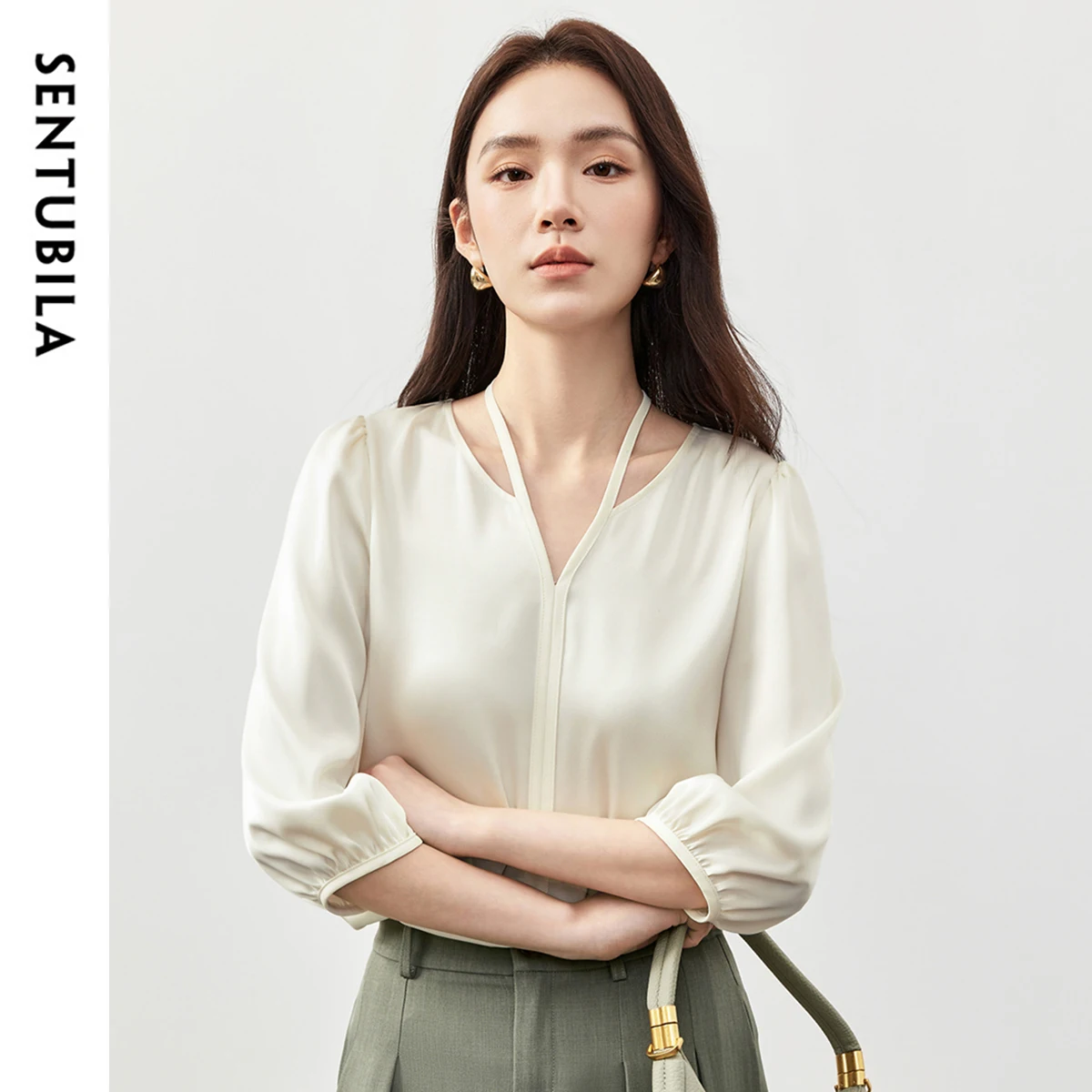 SENTUBILA Satin Women Blouse 2025 Spring Chiffon Commute Lace Up V Neck Hollow Three Quarter Puff Sleeve Shirts 151V58360