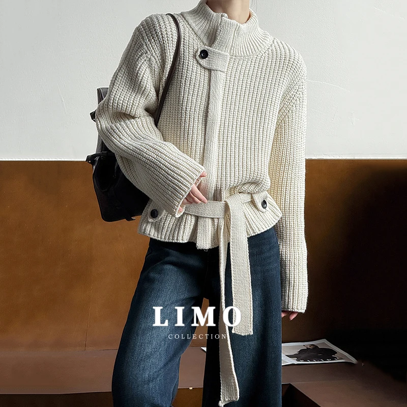 LIMO Autumn Winter Acrylic Knitted Sweater Women Fashion with Belt Waistband Elegant Office Work Wear Casual Date Night Outfit