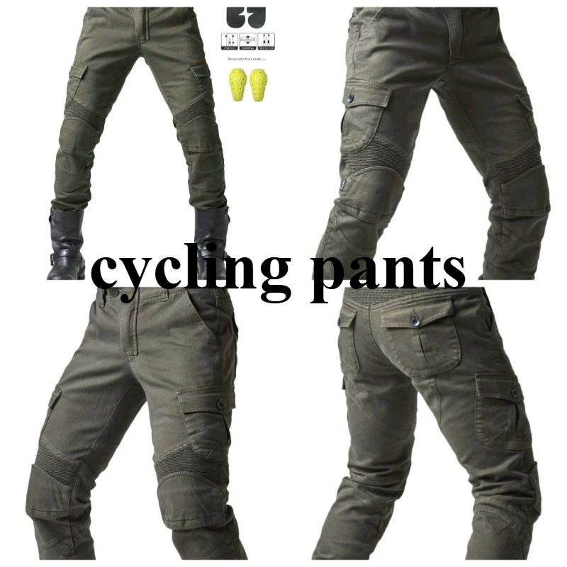 

Cycling Pants Men's Summer Motorcycle Locomotive Anti-drop Knight Equipment Four Seasons Elastic Denim Army Green Racing Pants