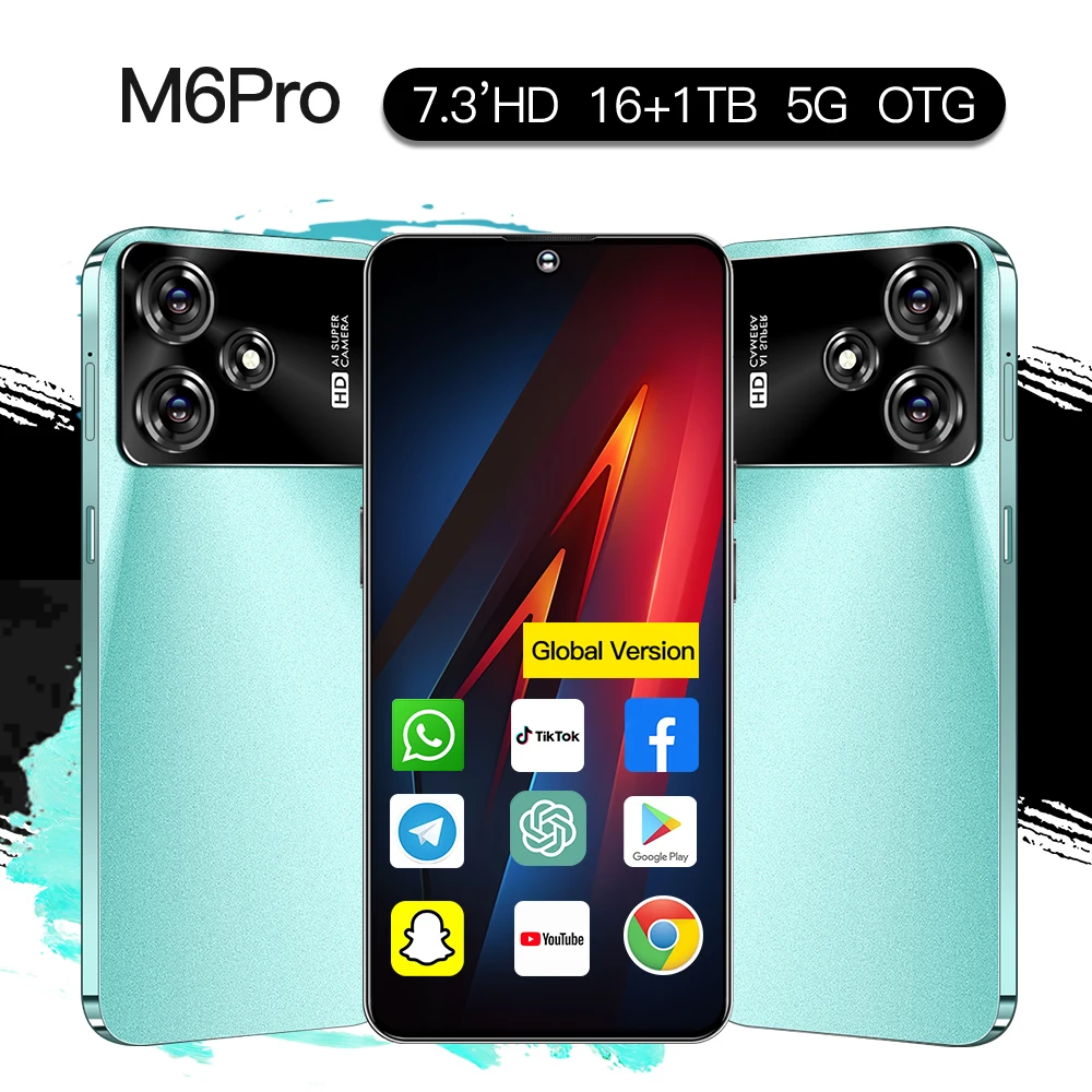 Global Version M6 Pro Smartphones Snapdragon 8 gen2 10 Core 7.3`` HD Screen Android 13 Cellphones Face Unlock 16GB+1TB 8000mAh