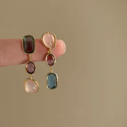 Women's Asymmetrical Colorful Gemstone Earrings Silver Needle Medium Antique Clashing Earrings Niche Design High Quality Jewelry