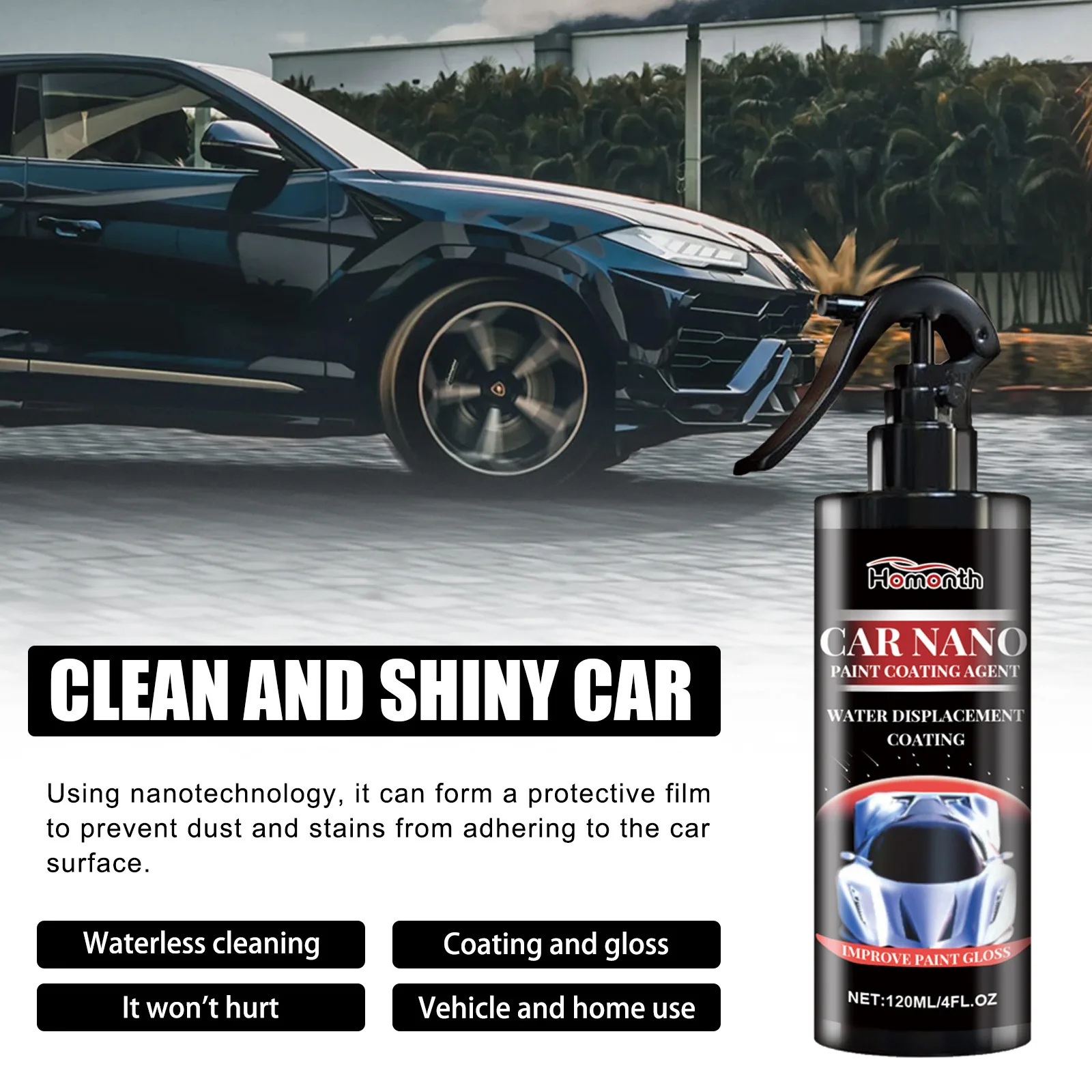 3 in 1 Car Nano Ceramic Coating Spray, Anti Scratch Hydrophobic Paint Polish, High Gloss Auto Paint Protection Detailing Care