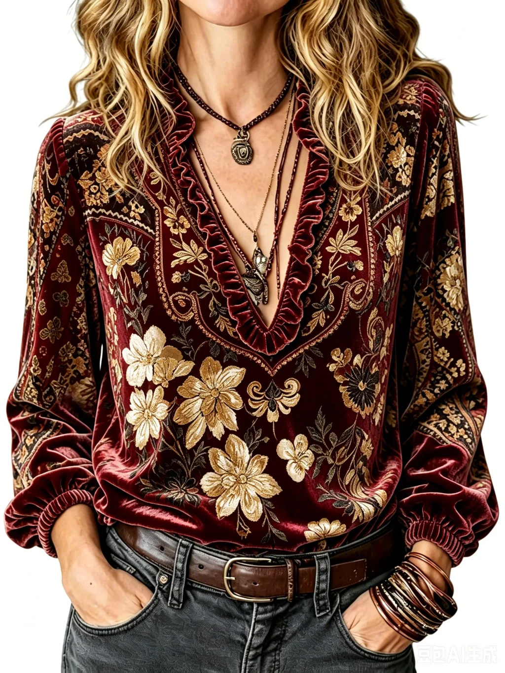 Blusa de veludo dourado com estampa vintage, gola V, manga comprida, para outono/inverno, feminina, estilo streetwear de luxo, nova, para festas.