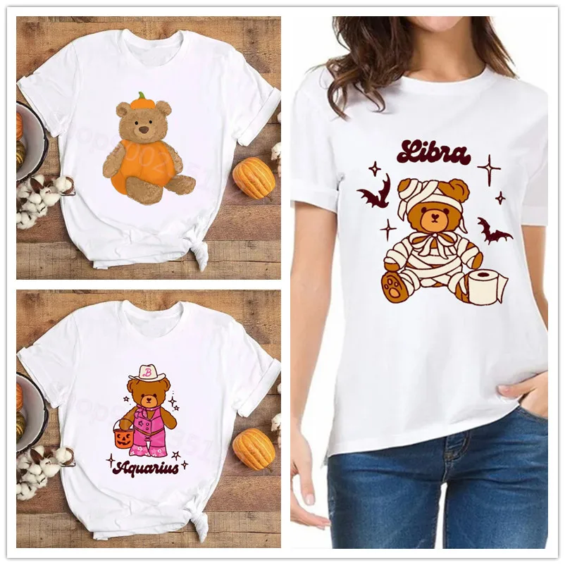 Halloween Bear T Shirt Women Printed Pumpkin Casual Short Sleeve Fashion Summer Top the Zodiac T Shirt Female Graphic T-Shirt