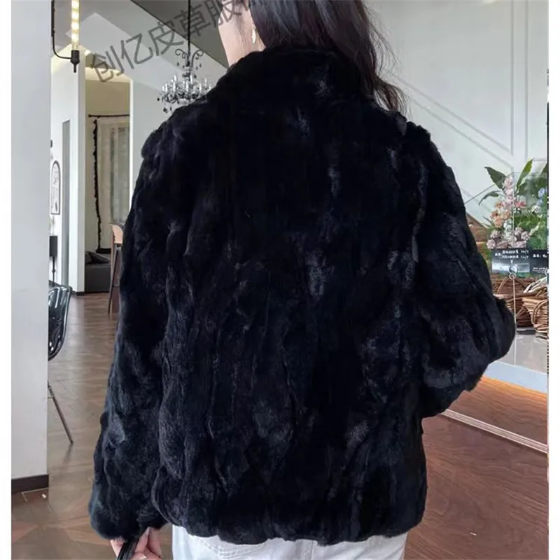 Real Rex Rabbit Fur Coat for Women,Single Breasted Jacket, Thick Warm Clothes,O-Neck,Autumn and Winter