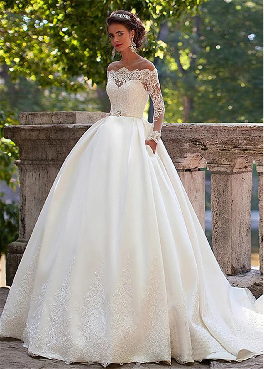 2021 nova o-neck cetim tule com apliques laço varredura trem a linha vestidos de casamento manga longa com bolso vestido de noite