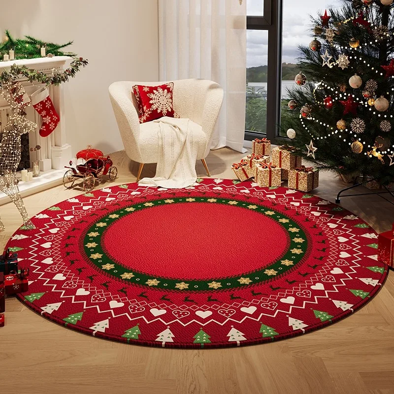 Christmas Round Rugs Living Room Retro Light Luxury Soft Short Plush Bedroom Rug Bedside Floor Mats Non-slip Easy Clean Carpet