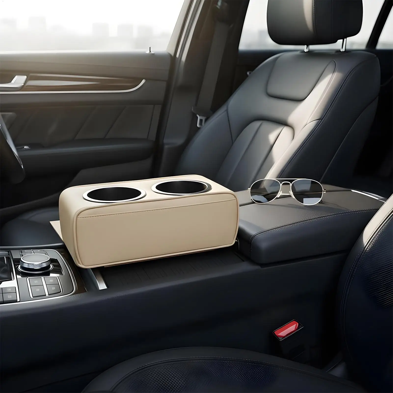 حامل أكواب إضافي لملحقات السيارة الجلدية وحامل مشروبات الأريكة ومنظم المقعد الخلفي للسيارة للهاتف الخليوي والوجبات الخفيفة والمياه عن بعد