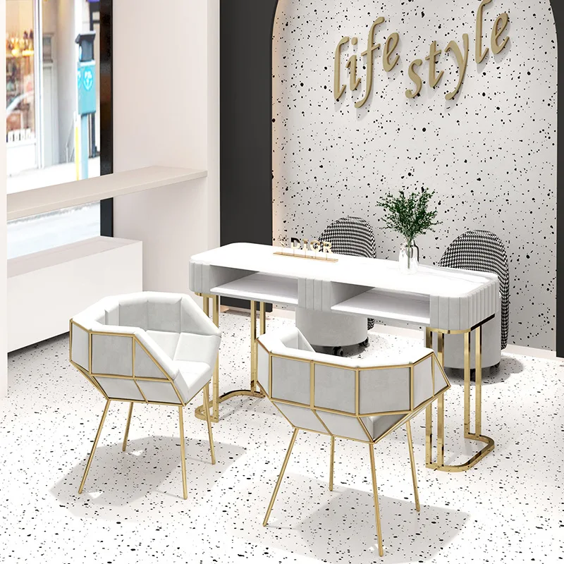 uq-New Hot Selling Modern Metal Marble Top Salon Manicure Pedicure Nail Table with Mall Use Durable Friendly & Easy to Clean-