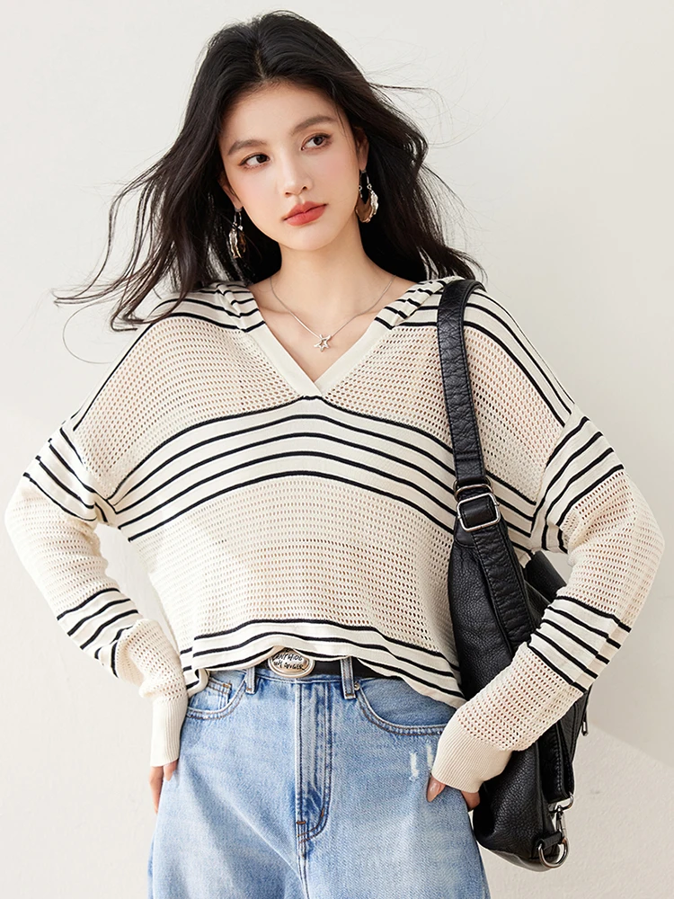 Striped Hooded Pullover Sweater Women Loose Versatile Lazy Style Knit Sweater Fashionable Long Sleeved Tops