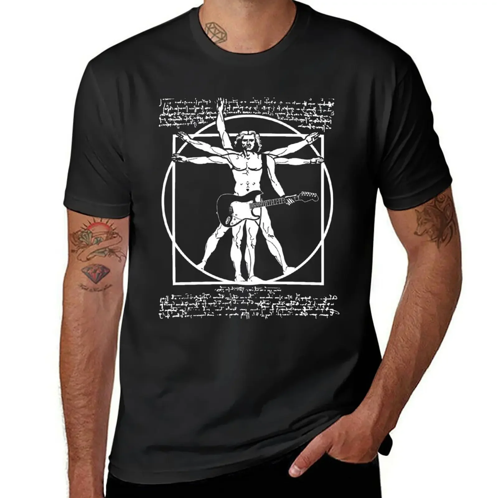 VITRUVIAN MAN PLAYING THE GUITAR - DA VINCI GUITARIST - LEONARDO DA VINCI PARODY T-Shirt plain designer t shirt men